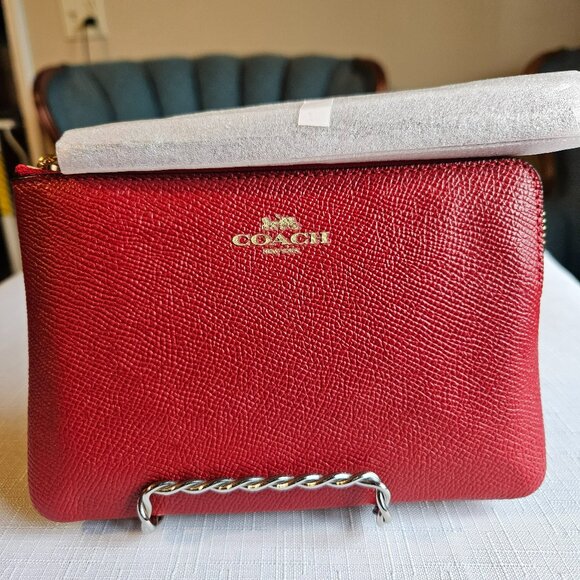 Coach NWT Red Leather Wristlet Gold Tone Hardware Zip Around-Item #718 - Picture 1 of 4